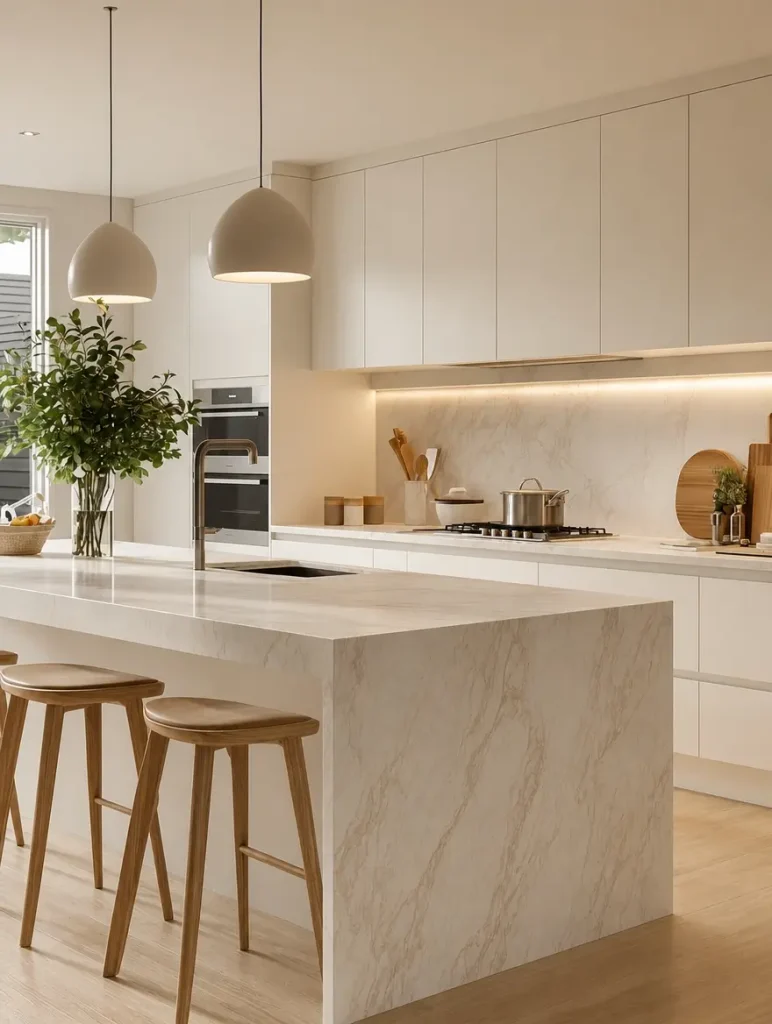 Natural-Modern-Kitchens_-Cozy-Warm-and-Inviting-Spaces-🌿✨-in-2025-_-Modern-kitchen-Kitchen-room-design-Kitchen-inspiration-design Kuchnia na wymiar z wyspą — przykład zabudowy kuchennej